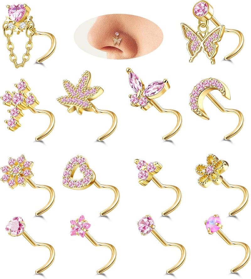 Drperfect Gold Silver Nose Rings Nose Studs for Women Nose Piercings 20G L Shaped Corkscrew Dangle Nose Rings Studs Simulated Diamond Pink CZ Opal Dangling Dangly Hanging Nose Piercing Jewelry with Heart Star Butterfly Flower Cross Moon Charm Cute Dainty Nose Jewelry - Image 1
